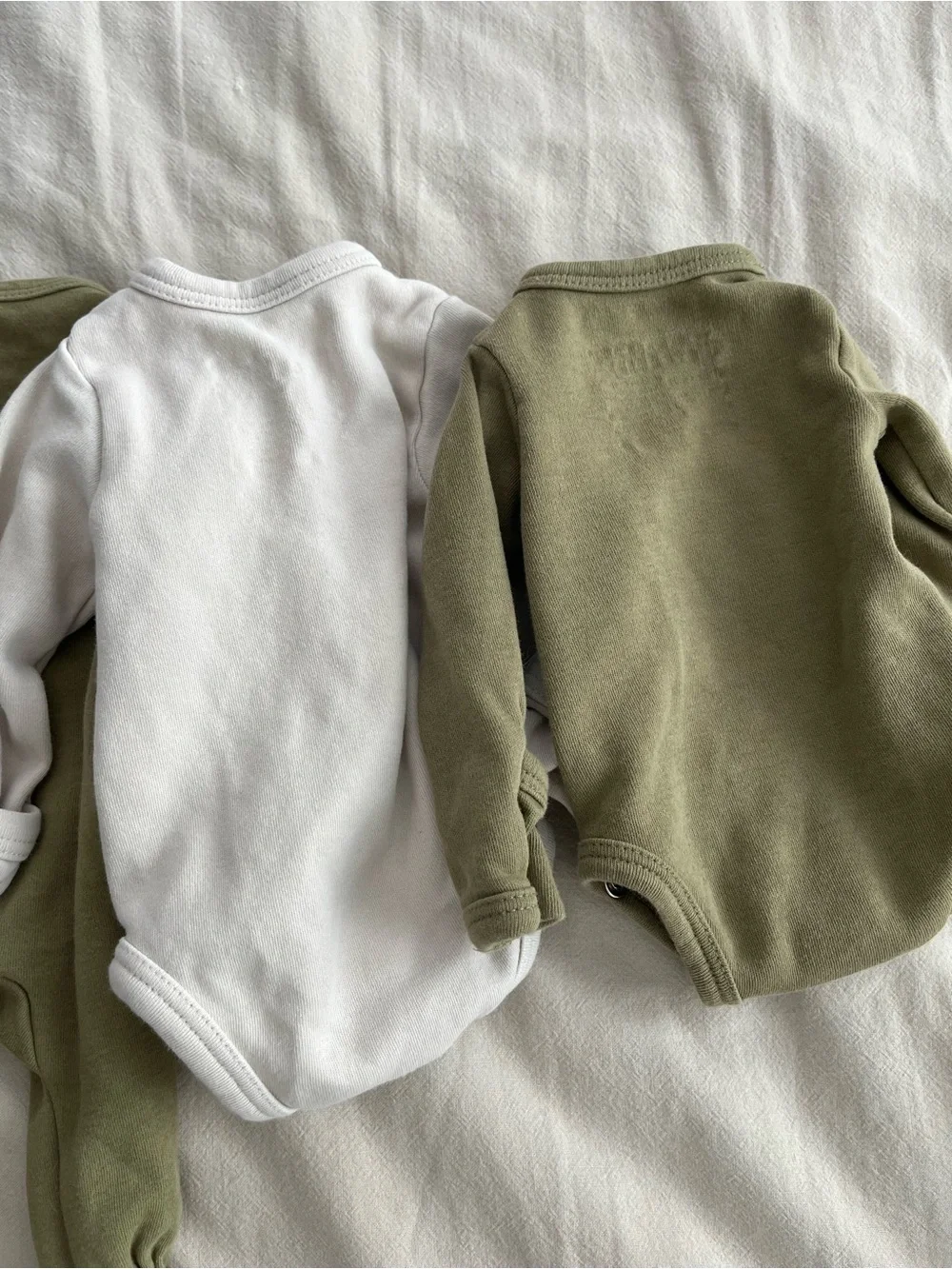 Lot of 4 L'ovedbaby Olive Green Snap-Front Footed and Short Sleeve One-Pieces